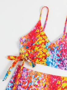 Allover Print Knot Side Summer Beach Bikini Set - Multicolor - View 5