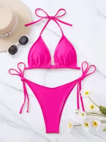 SHEIN Swim Chất rắn Bộ Bikini Dây Tam giác Bras & Cao eo Đáy 2 mảnh Bộ đồ tắm - Màu Hồng Tươi - Xem 6