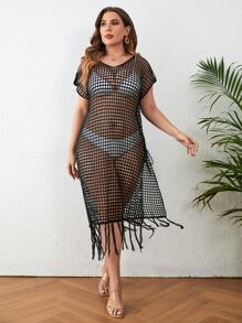 SHEIN VCAY Plus Hollow Out Fringe Hem Cover Up Dress Without Bikini Set - Black - View 5