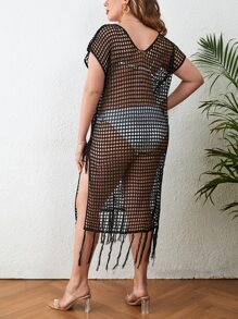 SHEIN VCAY Plus Hollow Out Fringe Hem Cover Up Dress Without Bikini Set - Black - View 2