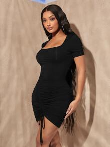 SHEIN SXY Đầm Dây kéo Xù màu trơn Thanh lịch - màu đen - Xem 5