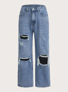 ROMWE 破洞直筒牛仔褲 - 淺色水洗藍 - 查看 1