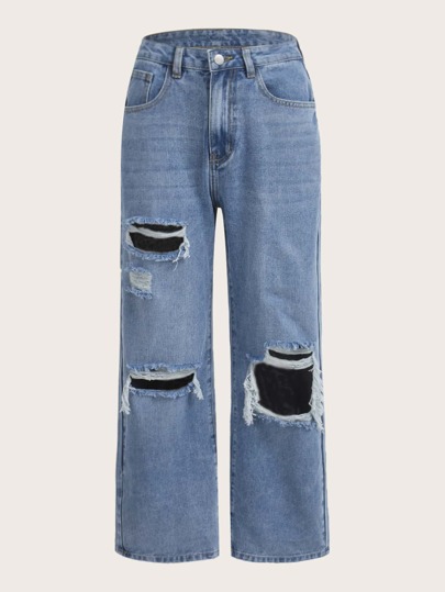 Taschen Gerissen Reißverschluss Einfarbig Damen Jeans