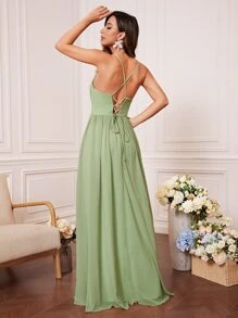 Lace Up Backless Split Thigh Chiffon Bridesmaid Dress - Mint Green - View 1