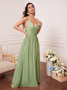 Lace Up Backless Split Thigh Chiffon Bridesmaid Dress - Mint Green - View 4