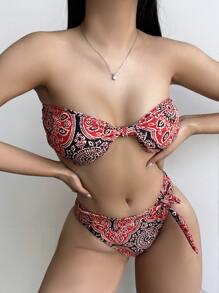 平面印花結綁式沙灘比基尼套裝 - 彩色 - 查看 4