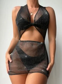 Cut Out Halter Cover Up Dress Without Bikini - Black - View 3