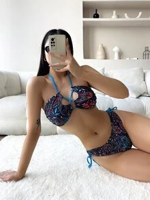 紋理圖案露背式夏季海灘比基尼套裝 - 彩色 - 查看 3