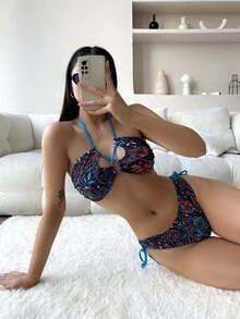 紋理圖案露背式夏季海灘比基尼套裝 - 彩色 - 查看 4