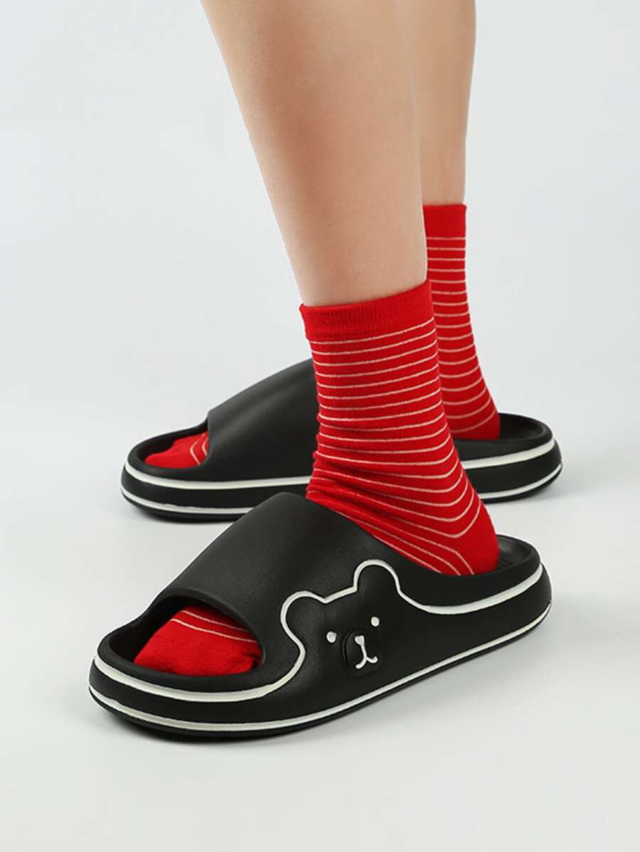 Women Bear Design Open Toe Slides Fashion Black Slide Shoes - Black - View 1