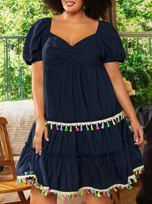 SHEIN CURVE+ Vestido escote corazón de manga farol pecho con fruncido ribete con fleco bajo con fruncido - Azul Marino - Ver 1