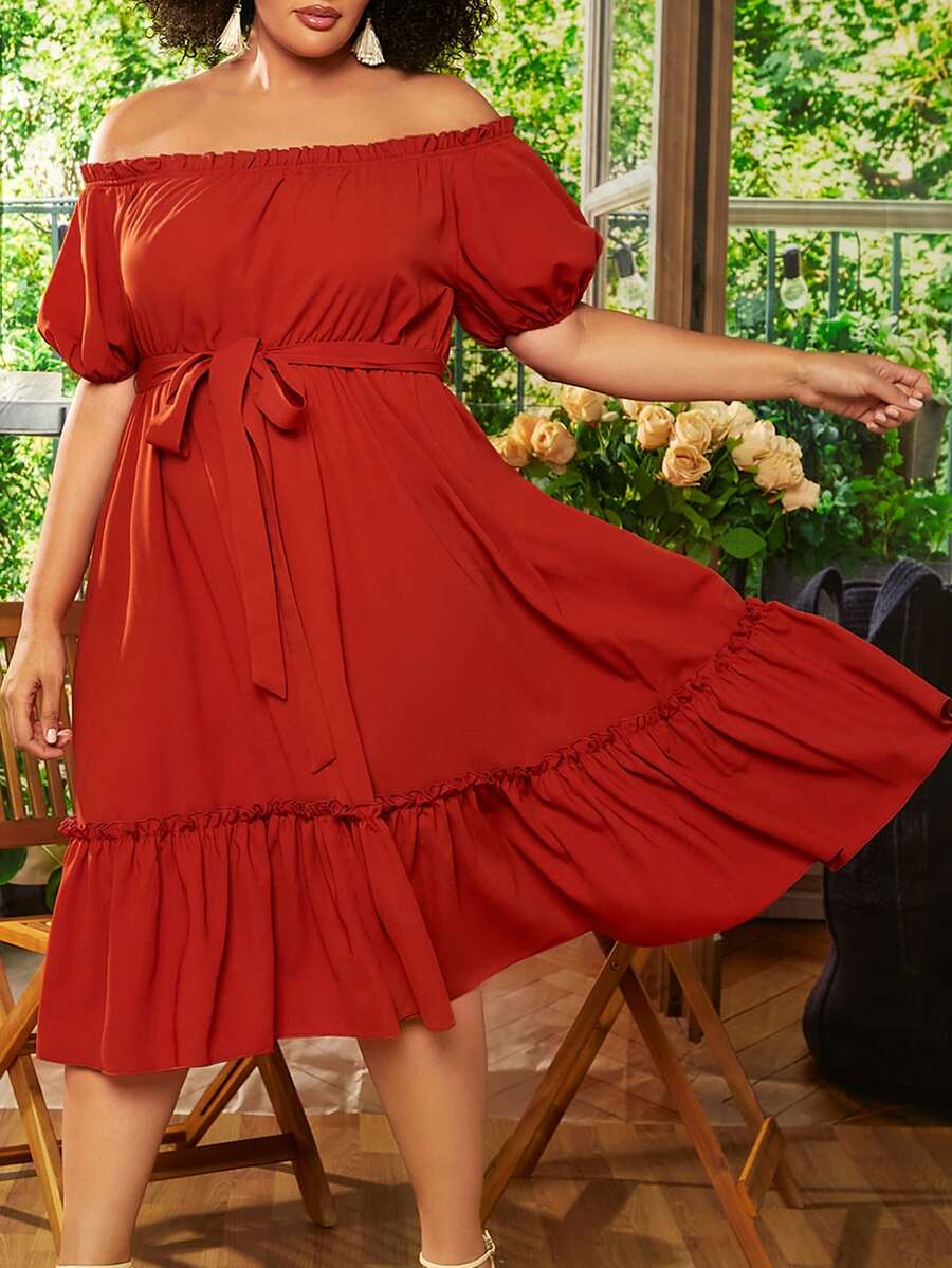 SHEIN CURVE+ Plus Off Shoulder Frill Trim Belted Dress - Burgundy - View 1