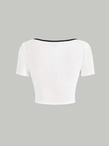 SHEIN MOD 撞色滾邊前繫帶短款T恤 - 白色 - 查看 2