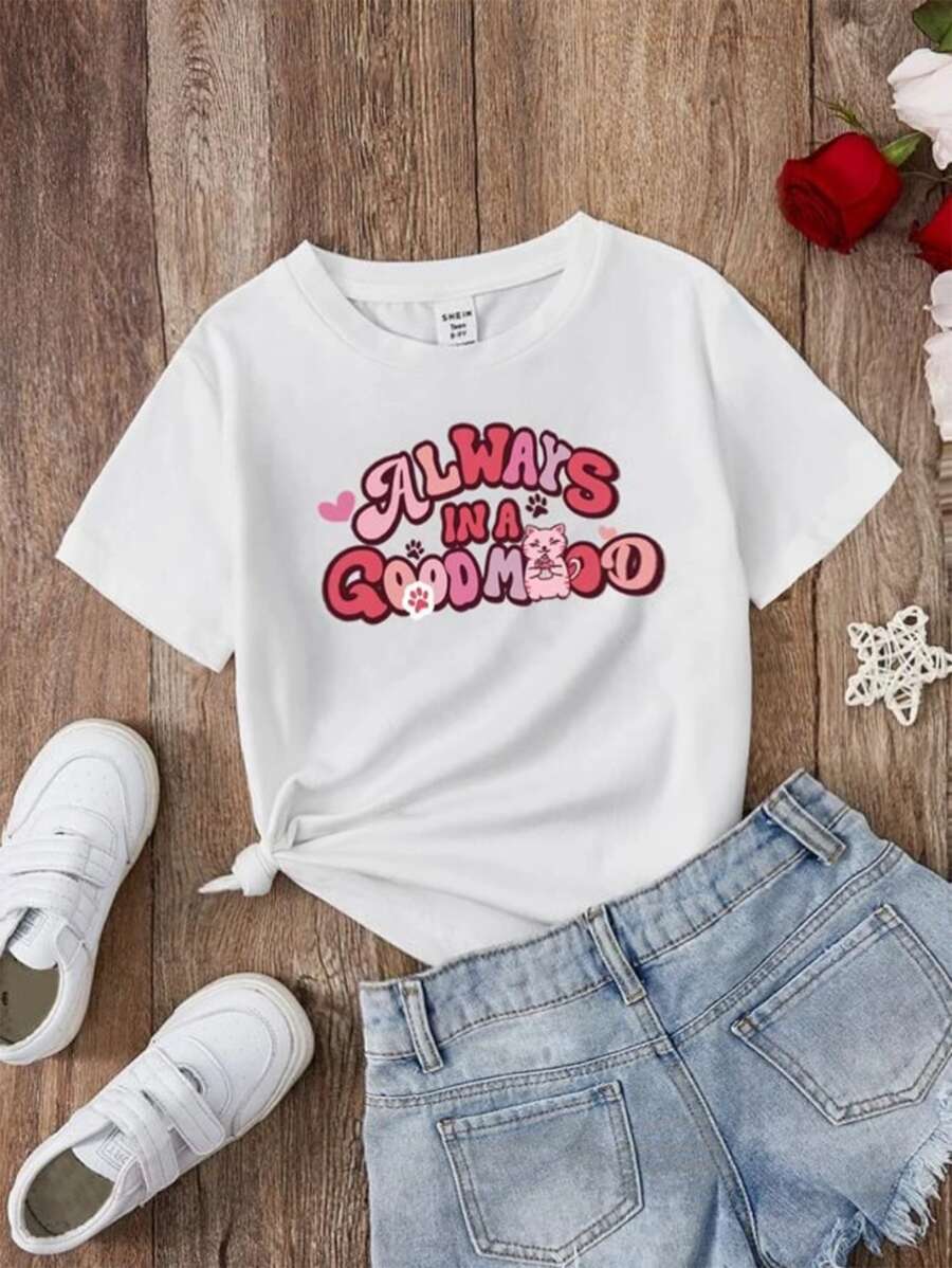 SHEIN Tops con gái Hoạt hình Slogan Giải trí - trắng - Xem 1