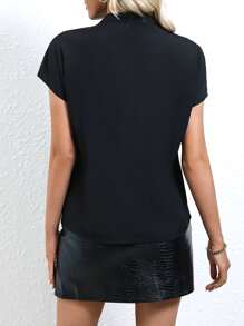 SHEIN Clasi Contrast Sequin Notched Neck Batwing Sleeve Blouse - Black - View 2