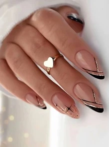 Elevate Your Style With 24pcs Long Almond Black French Star Glitter Powder Minimalism Fake Nail & 1sheet Tape & 1pc Nail File Press On Nails Nail Supplies - Multicolor - View 1