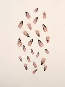 Elevate Your Style With 24pcs Long Almond Black French Star Glitter Powder Minimalism Fake Nail & 1sheet Tape & 1pc Nail File Press On Nails Nail Supplies - Multicolor - View 5