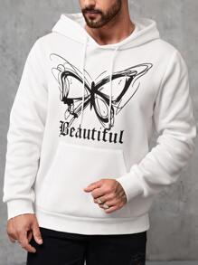 Manfinity Men Letter & Butterfly Print Kangaroo Pocket Drawstring Hoodie - White - View 1