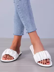 女士白色圆头褶皱拖鞋凉鞋露趾平底鞋 - 白色 - 查看 3