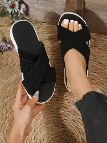 Women Cross Strap Flat Sandals Fashion Black Slide Sandals