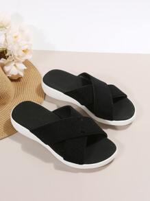 Women Cross Strap Flat Sandals Fashion Black Slide Sandals