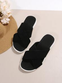 Women Cross Strap Flat Sandals Fashion Black Slide Sandals