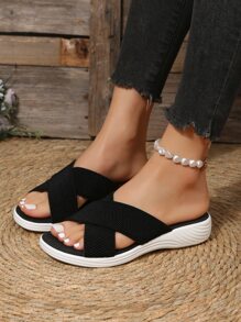 Women Cross Strap Flat Sandals Fashion Black Slide Sandals