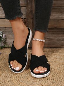Women Cross Strap Flat Sandals Fashion Black Slide Sandals