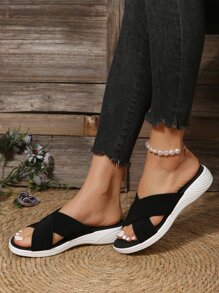 Women Cross Strap Flat Sandals Fashion Black Slide Sandals