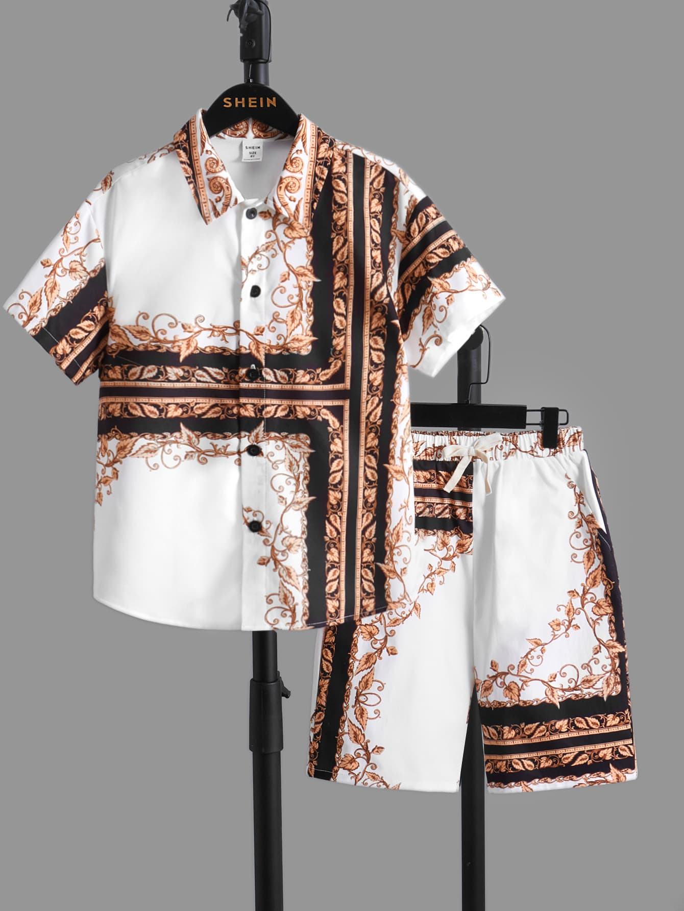 SHEIN Leap Crew 中小童男孩1件巴洛克印花襯衫和短褲