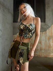 SHEIN ICON Gorpcore Camo Print Grommet Lace Up Front Crop Halter Top - Multicolor - View 7