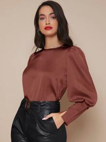 SHEIN Privé Top de satén de manga farol de puño con botón - Marrón Chocolate - Ver 1