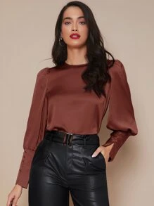 SHEIN Privé Top de satén de manga farol de puño con botón - Marrón Chocolate - Ver 3