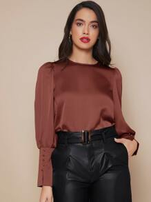 SHEIN Privé Top de satén de manga farol de puño con botón - Marrón Chocolate - Ver 4