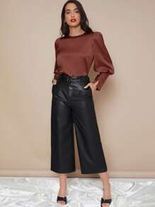 SHEIN Privé Top de satén de manga farol de puño con botón - Marrón Chocolate - Ver 5