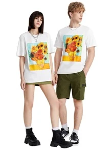 Manfinity 1pc Sunflower Print Tee - White - View 4