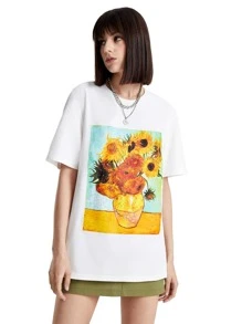 Manfinity 1pc Sunflower Print Tee - White - View 6