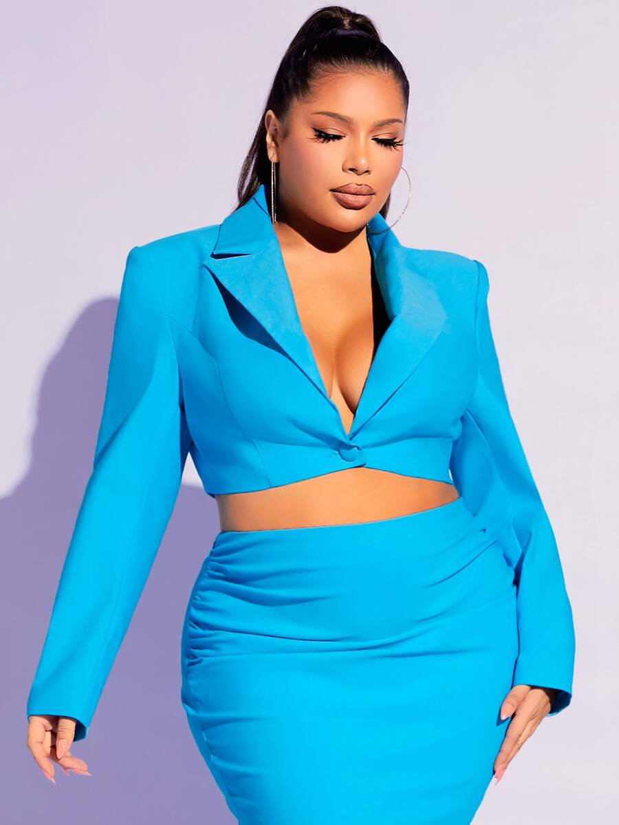 SHEIN SXY Plus Lapel Neck Single Button Crop Blazer - Mint Blue - View 1