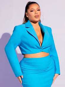 SHEIN SXY Plus Lapel Neck Single Button Crop Blazer - Mint Blue - View 4