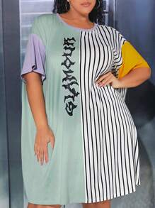 SHEIN CURVE+ Plus Striped & Letter Graphic Colourblock Drop Shoulder Tee Dress - Multicolor - View 2