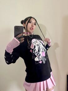 ROMWE Anime Áo thun nữ Hoạt hình Con số Giải trí - màu đen - Xem 2