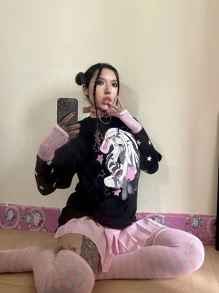 ROMWE Anime Áo thun nữ Hoạt hình Con số Giải trí - màu đen - Xem 3