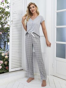 Conjunto de pijama / pijama con botones delanteros a cuadros - Gris Claro - Ver 5