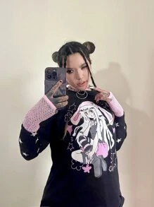 ROMWE Anime Áo thun nữ Hoạt hình Con số Giải trí - màu đen - Xem 4