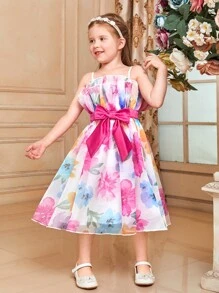 SHEIN 小女童1入組印花腰帶網紗吊帶連衣裙 - 彩色 - 查看 1