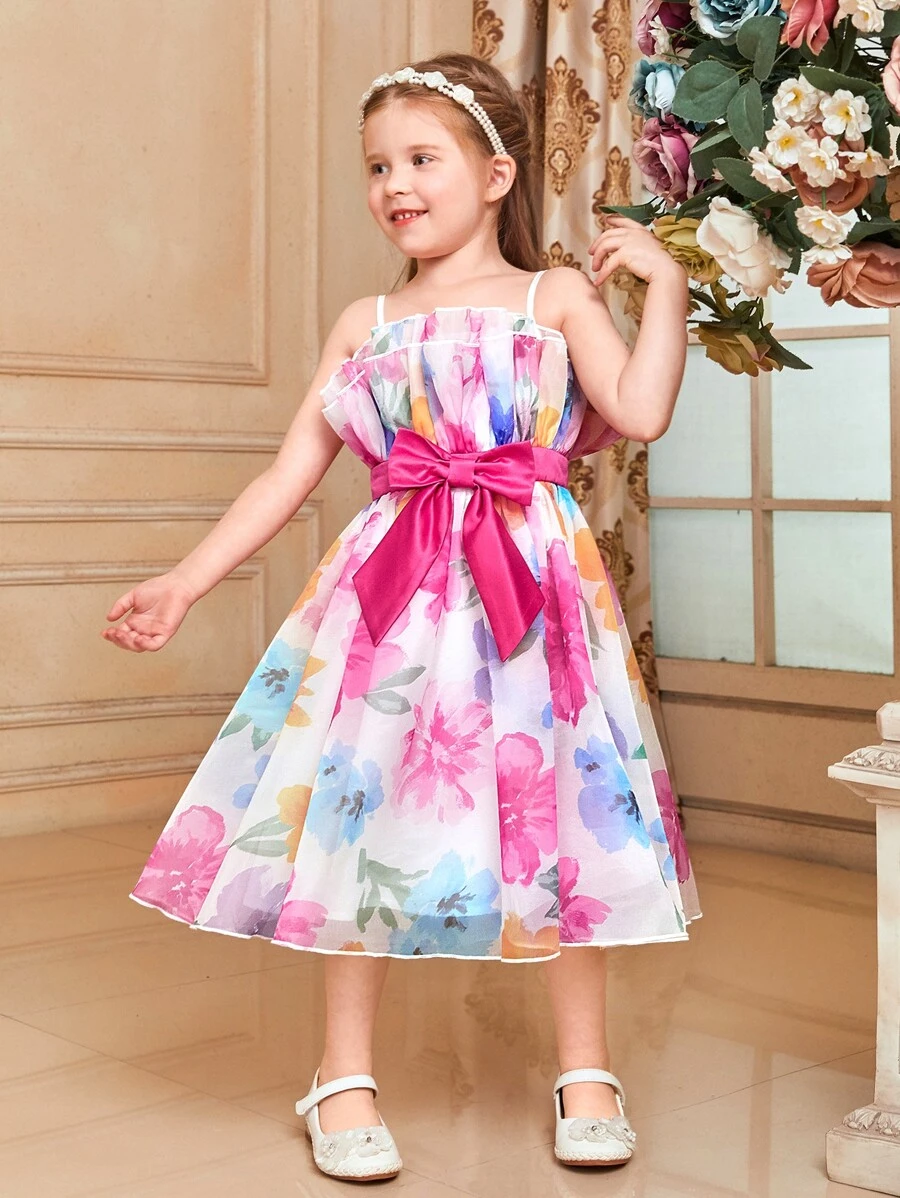 SHEIN 小女童1入組印花腰帶網紗吊帶連衣裙 - 彩色 - 查看 1