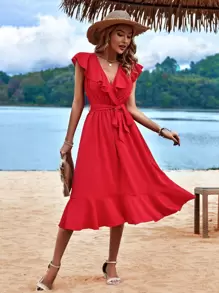 SHEIN VCAY Ruffle Trim Flounce Hem Belted Dress - Red - View 1