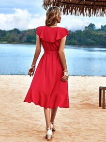 SHEIN VCAY Ruffle Trim Flounce Hem Belted Dress - Red - View 2