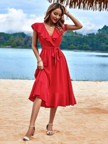 SHEIN VCAY Ruffle Trim Flounce Hem Belted Dress - Red - View 4