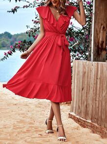 SHEIN VCAY Ruffle Trim Flounce Hem Belted Dress - Red - View 5